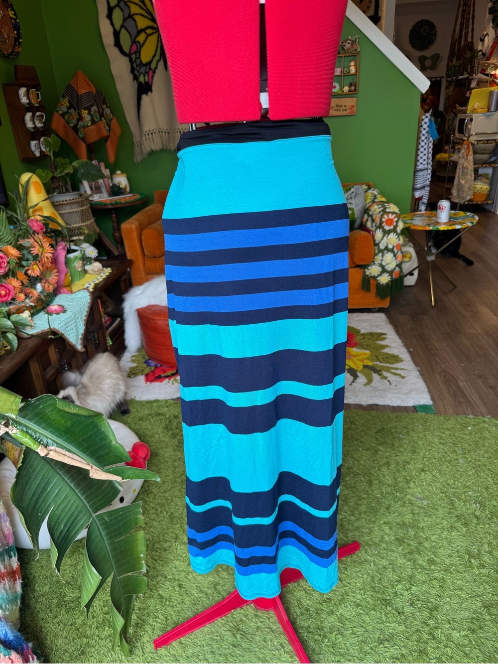INC International Concepts Teal & Navy Striped Maxi Skirt